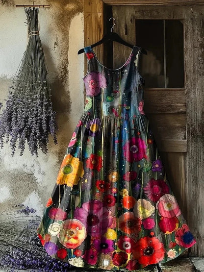 Women's Retro Paisley Floral Art Print Sleeveless Cotton Pocket Dress