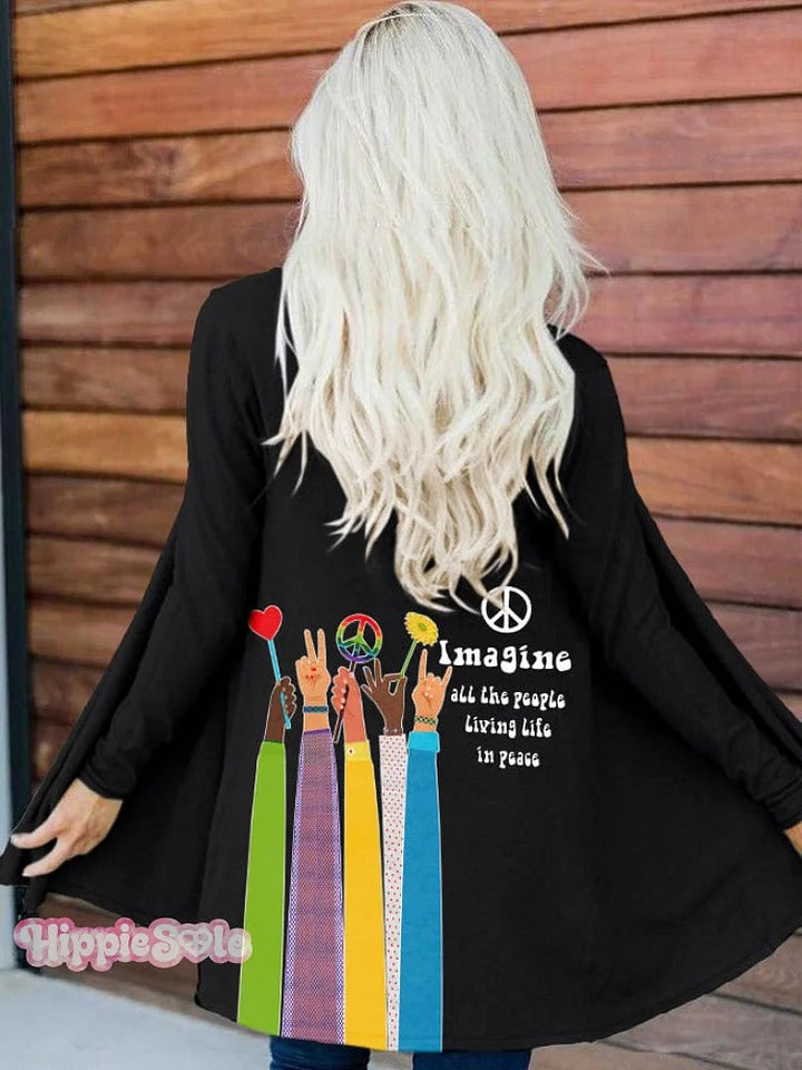 Retro Hippie Imagine All The People Living Life In Peace Print Cardigan