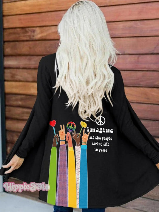 Retro Hippie Imagine All The People Living Life In Peace Print Cardigan