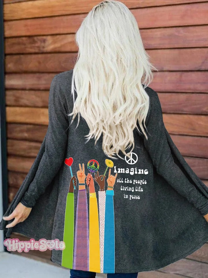 Retro Hippie Imagine All The People Living Life In Peace Print Cardigan
