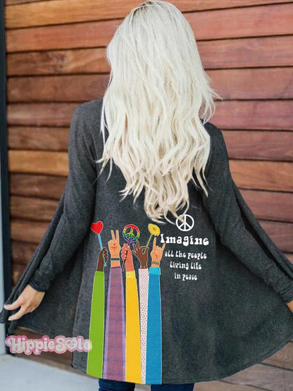Retro Hippie Imagine All The People Living Life In Peace Print Cardigan