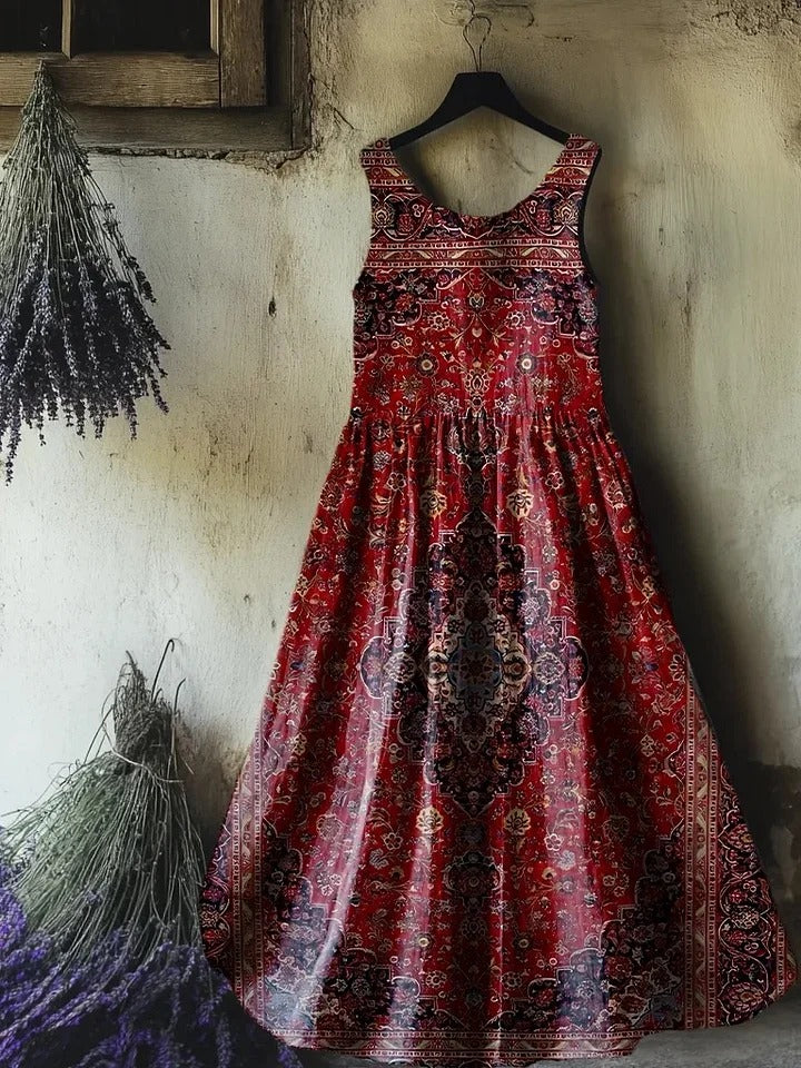Women's Retro Paisley Floral Art Print Sleeveless Cotton Pocket Dress