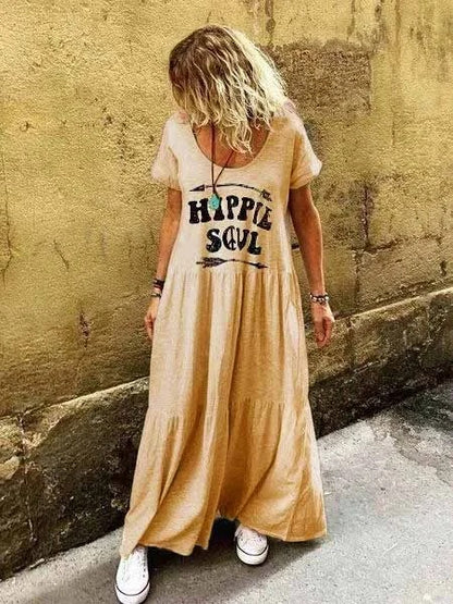Letter Short Sleeve Crew Neck Boho Dress