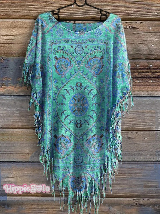 Women's Vintage Floral Totem Print Punk Hippie Batwing Tussle Fringes Poncho Dress