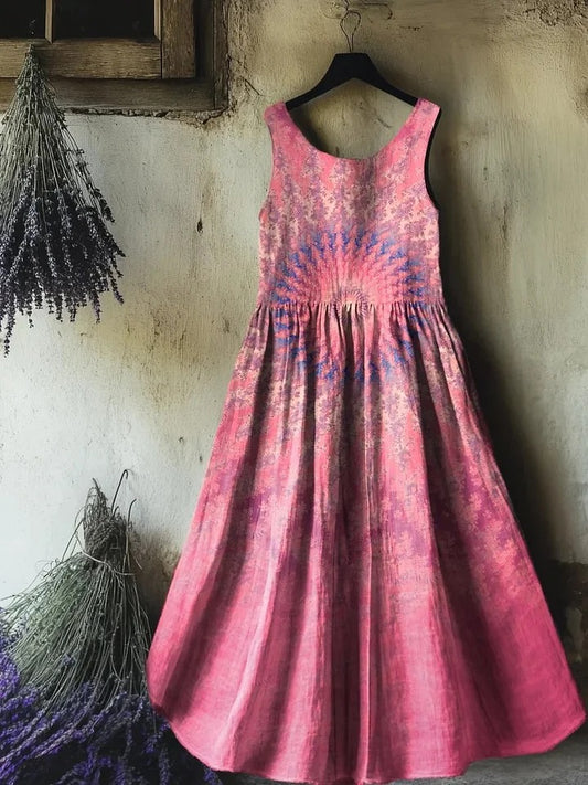 Women's Retro Paisley Floral Art Print Sleeveless Cotton Pocket Dress