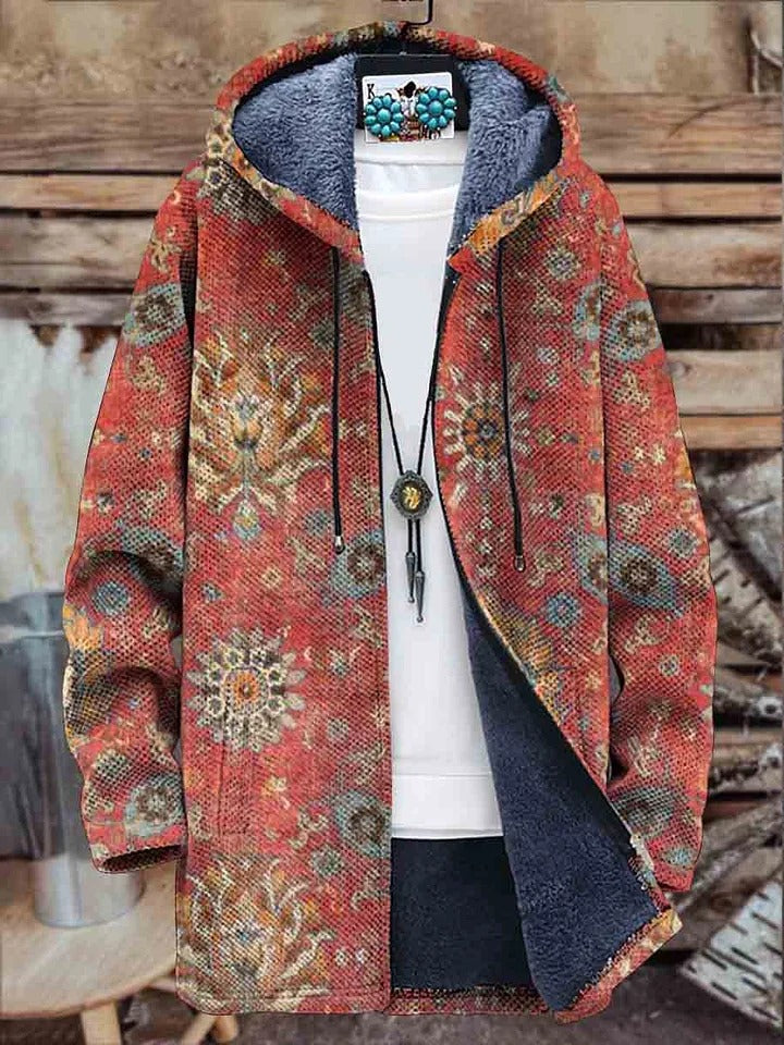 Retro Ethnic Pattern Print Unisex Plush Thick Long-Sleeved Sweater Cardigan Coat