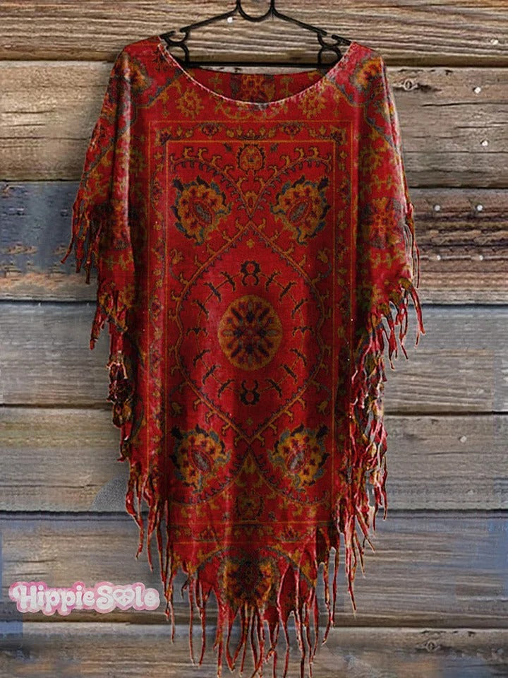 Women's Vintage Floral Totem Print Punk Hippie Batwing Tussle Fringes Poncho Dress
