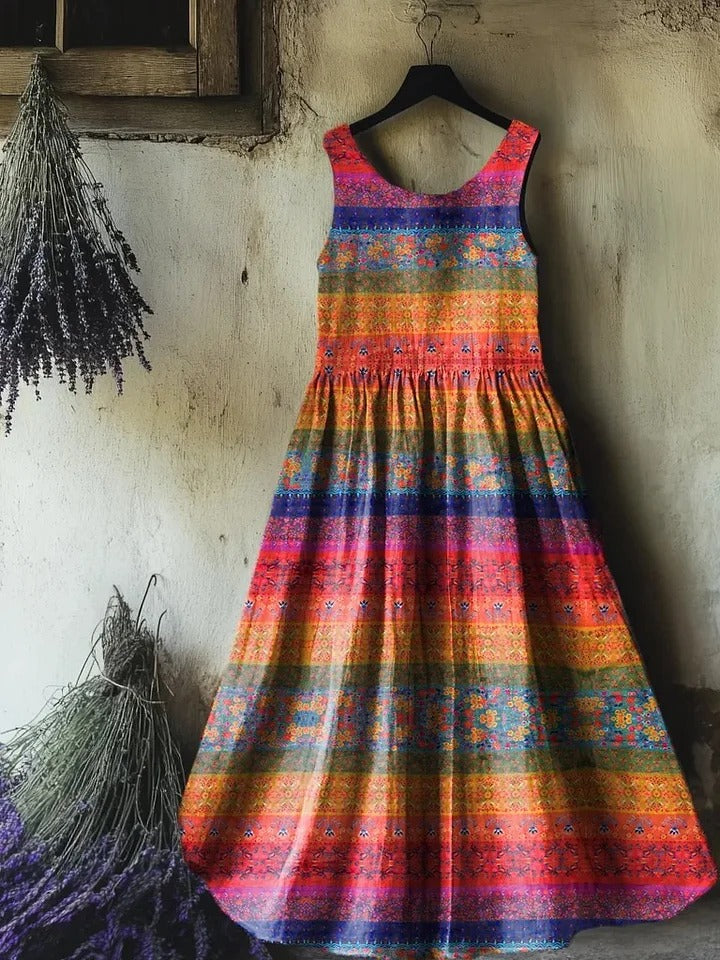 Women's Retro Paisley Floral Art Print Sleeveless Cotton Pocket Dress