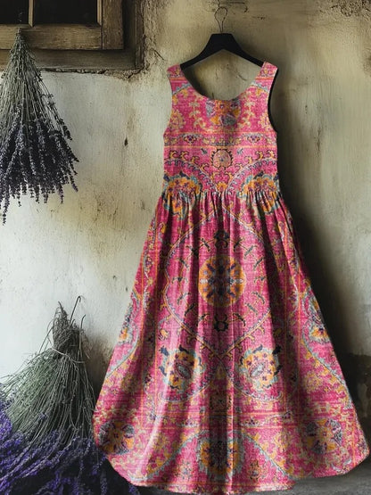 Women's Retro Paisley Floral Art Print Sleeveless Cotton Pocket Dress