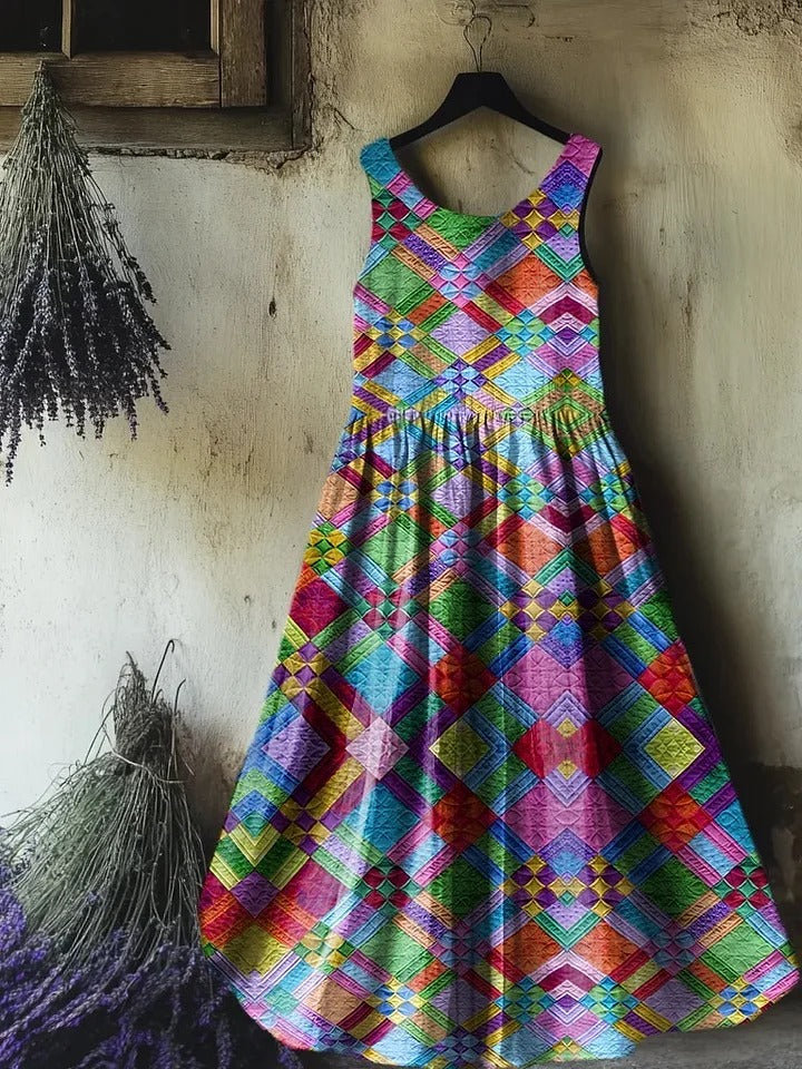 Women's Retro Paisley Floral Art Print Sleeveless Cotton Pocket Dress