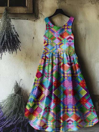 Women's Retro Paisley Floral Art Print Sleeveless Cotton Pocket Dress
