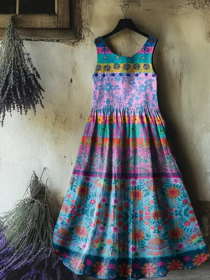 Women's Retro Paisley Floral Art Print Sleeveless Cotton Pocket Dress