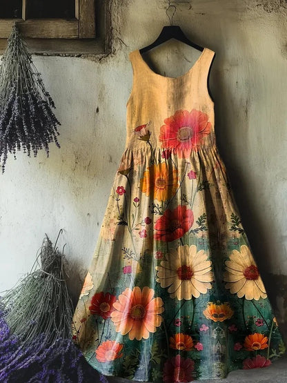 Women's Retro Paisley Floral Art Print Sleeveless Cotton Pocket Dress