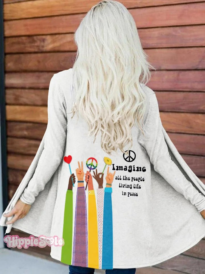 Retro Hippie Imagine All The People Living Life In Peace Print Cardigan