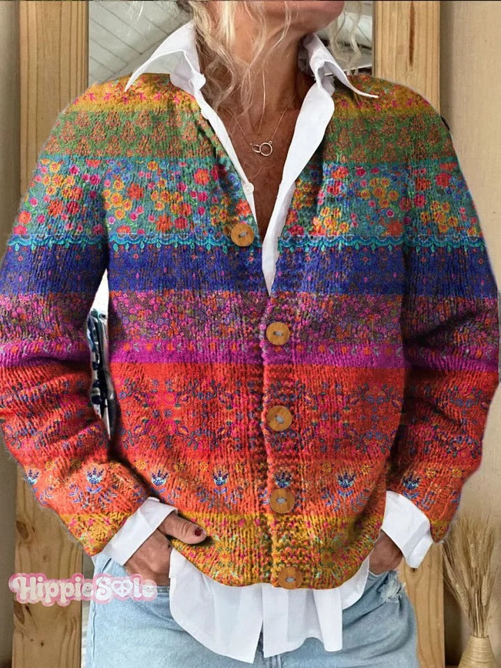Colorful Stripes Floral Print Buttoned Cardigan Sweater