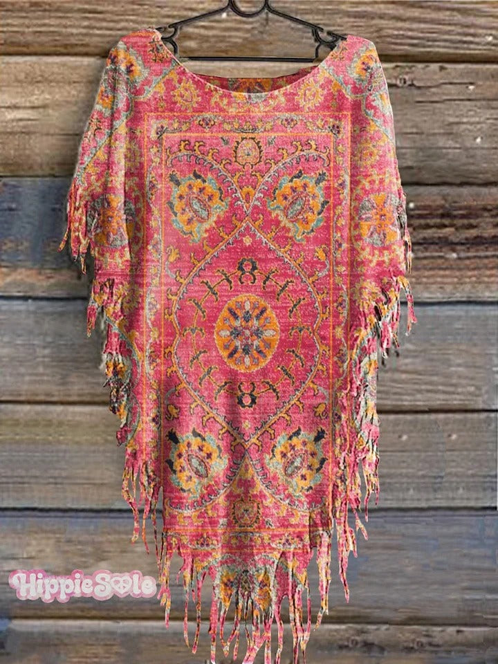 Women's Vintage Floral Totem Print Punk Hippie Batwing Tussle Fringes Poncho Dress